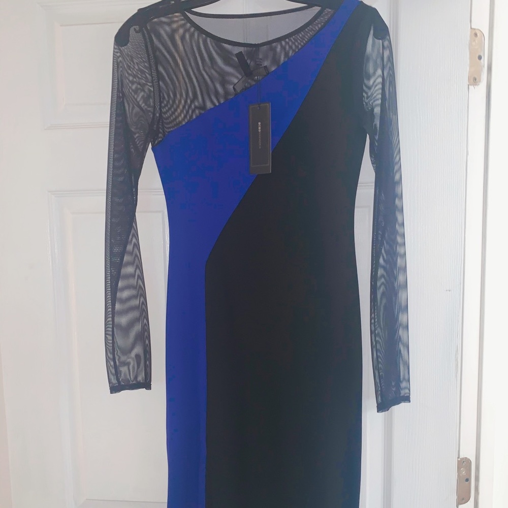 BCBG blue and black dress sz XXS mesh long sleeve